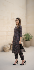 Dark Black Ajrakh Inspired Cotton Kurta Set – Geometric Floral & Leaf Motifs – Chic Daily Wear