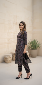 Dark Black Ajrakh Inspired Cotton Kurta Set – Geometric Floral & Leaf Motifs – Chic Daily Wear