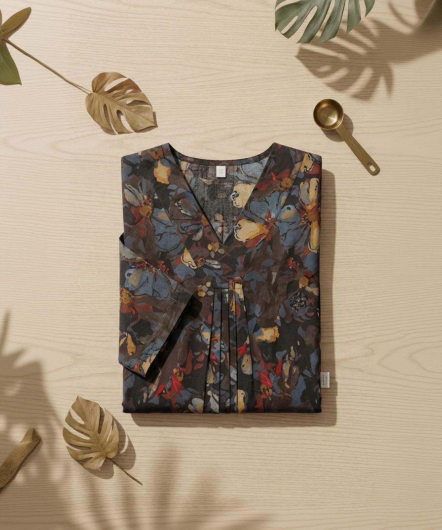 Floral Printed Cotton V-Neck Tunic – Casual Daily Wear Top for Women