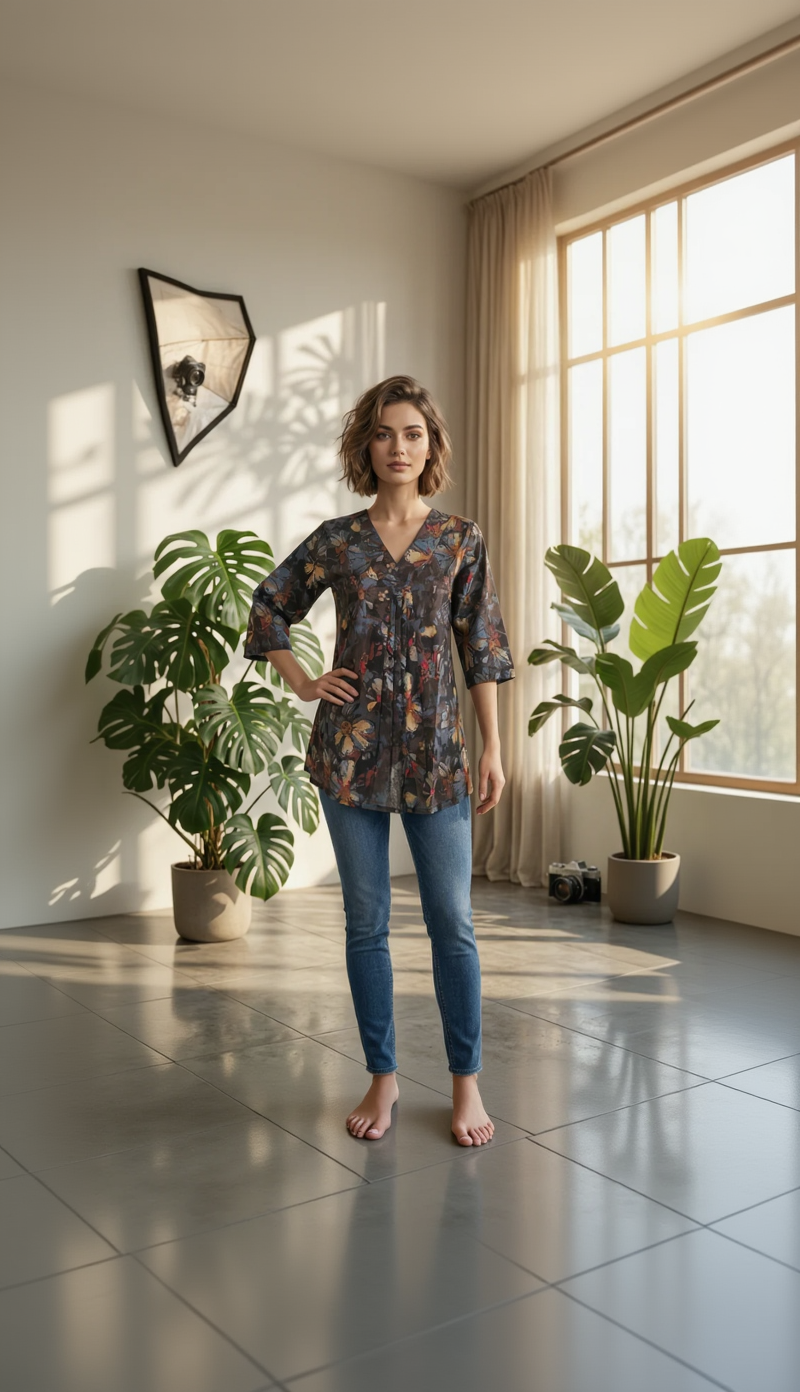 Floral Printed Cotton V-Neck Tunic – Casual Daily Wear Top for Women