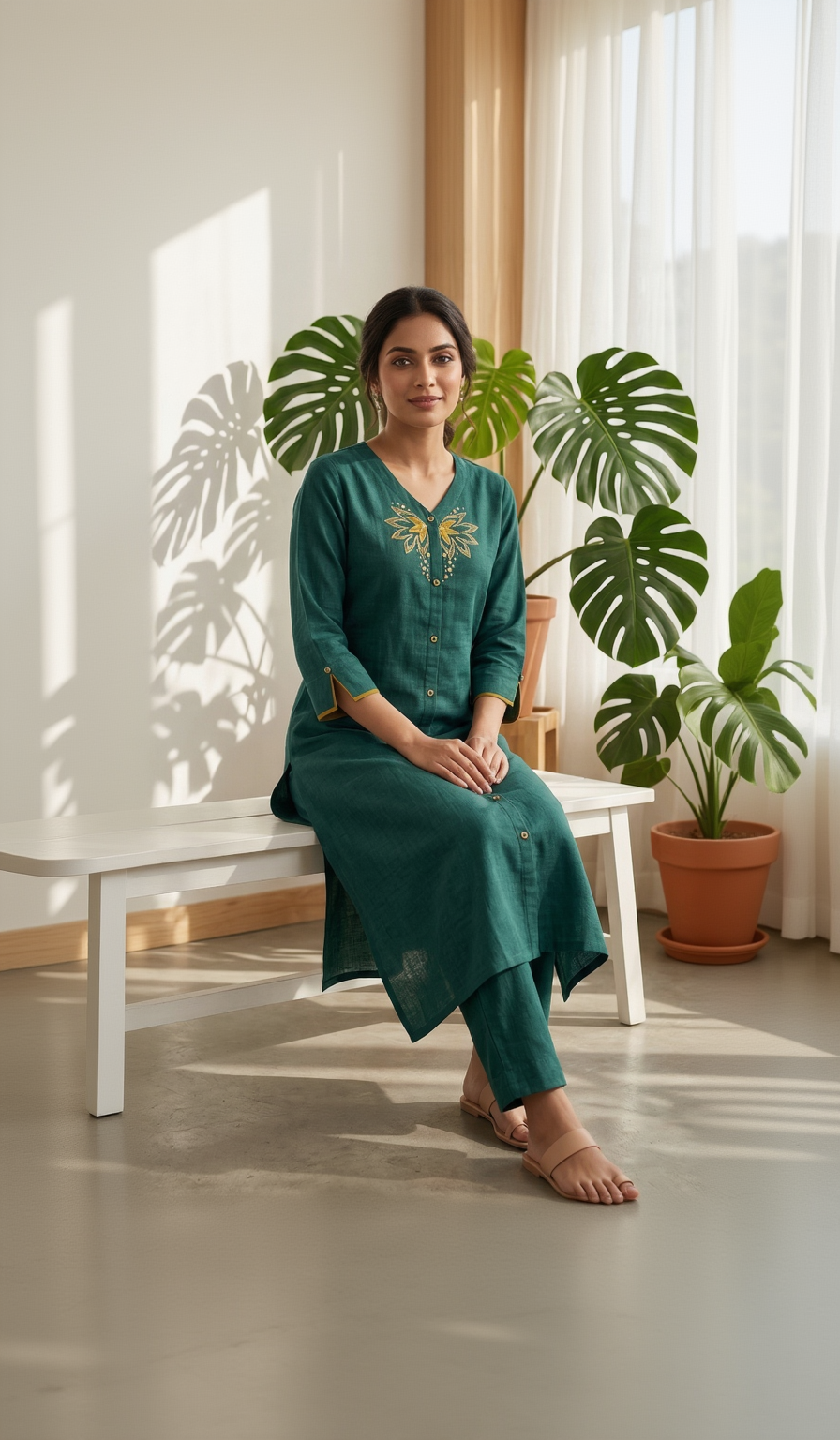 Anvita Dark Green Linen-Cotton Kurta – Yellow Floral Embroidery – Elegant V-Neck Daily Wear for Women