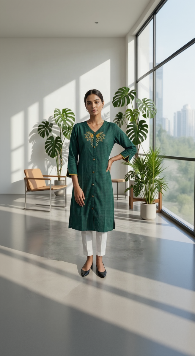 Anvita Dark Green Linen-Cotton Kurta – Yellow Floral Embroidery – Elegant V-Neck Daily Wear for Women
