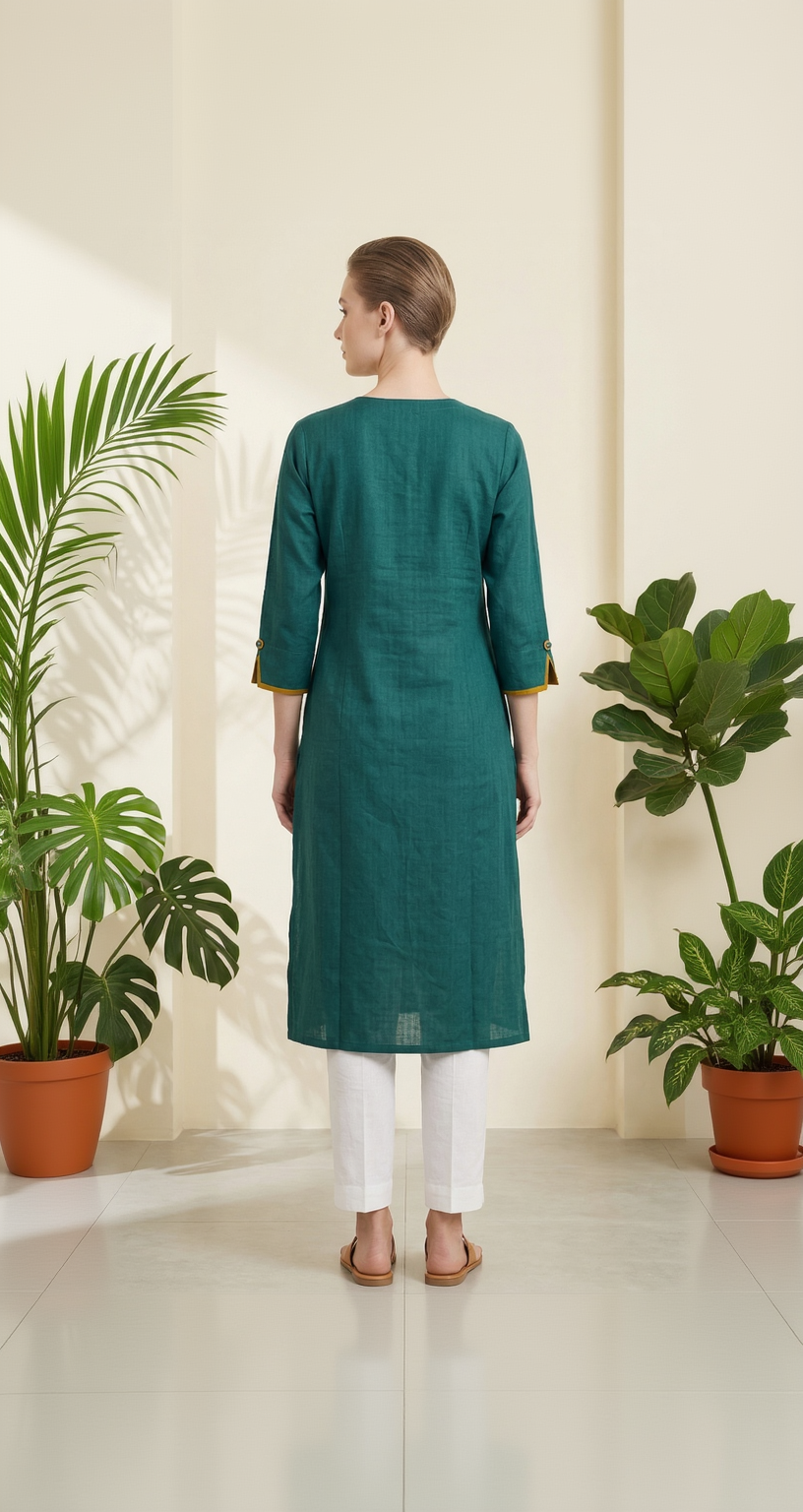 Anvita Dark Green Linen-Cotton Kurta – Yellow Floral Embroidery – Elegant V-Neck Daily Wear for Women