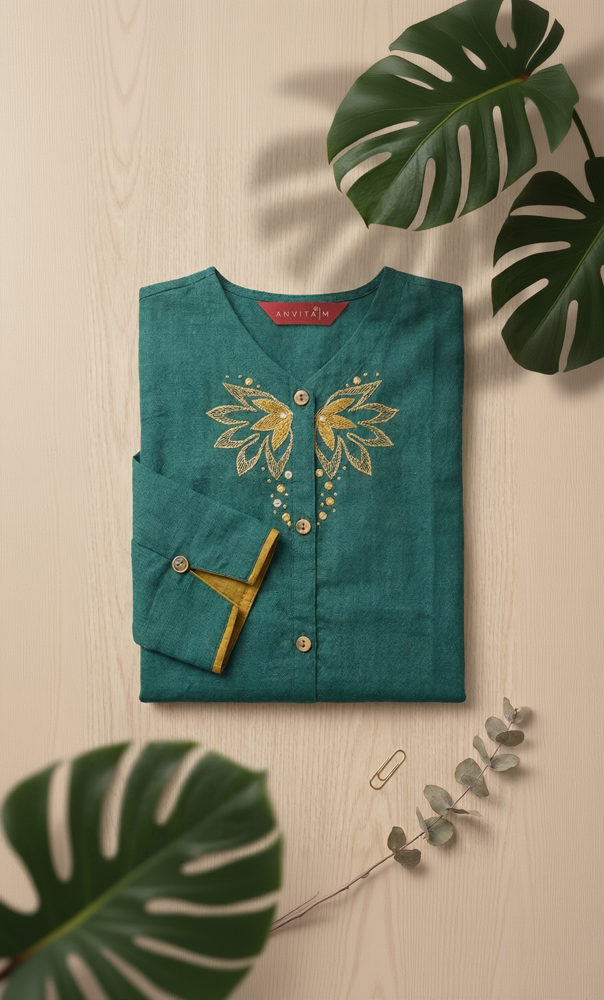 Anvita Dark Green Linen-Cotton Kurta – Yellow Floral Embroidery – Elegant V-Neck Daily Wear for Women