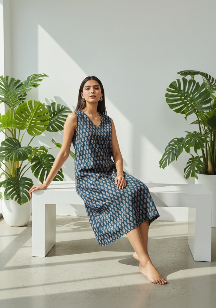 Women’s Premium Cotton Straight Kurti with Leaf Butti Print – Dark Teal Green