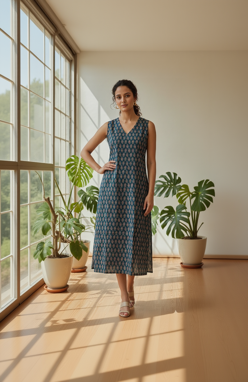 Women’s Premium Cotton Straight Kurti with Leaf Butti Print – Dark Teal Green