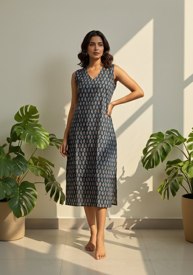 Women’s Premium Cotton Straight Kurti with Leaf Butti Print – Dark Teal Green