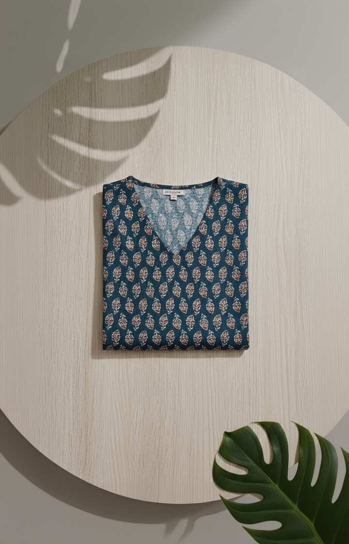 Women’s Premium Cotton Straight Kurti with Leaf Butti Print – Dark Teal Green