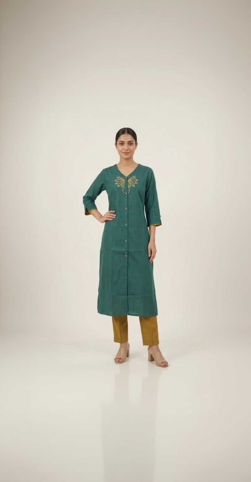 Anvita Dark Green Linen-Cotton Kurta – Yellow Floral Embroidery – Elegant V-Neck Daily Wear for Women
