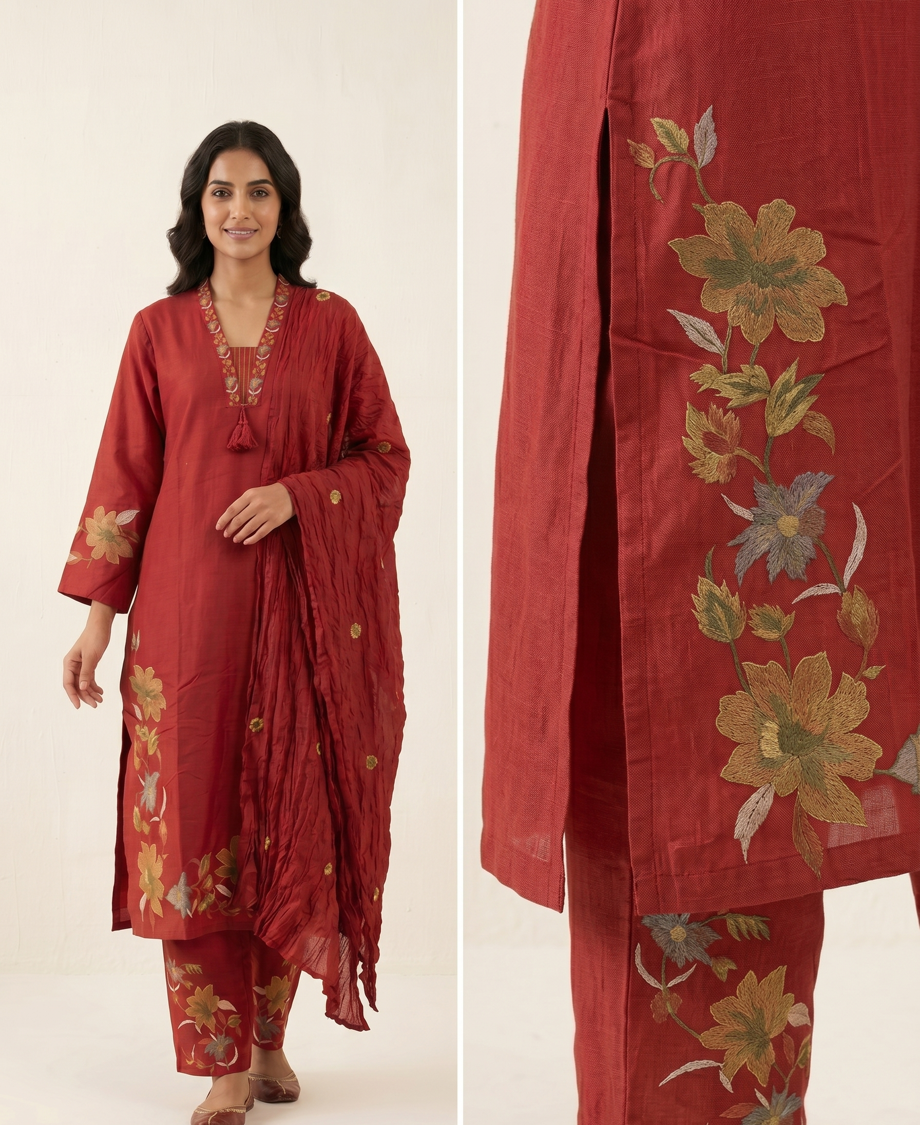 Deep Maroon Pure Cotton Suit Set  With Exquisite Floral Embroidery – Elegant 3-Piece Festive Wear