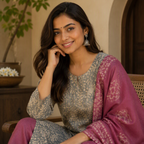 Revanta-Kurt Grey Batik Printed Cotton 3-Piece Suit with Embroidery & Sequin Work on Yoke
