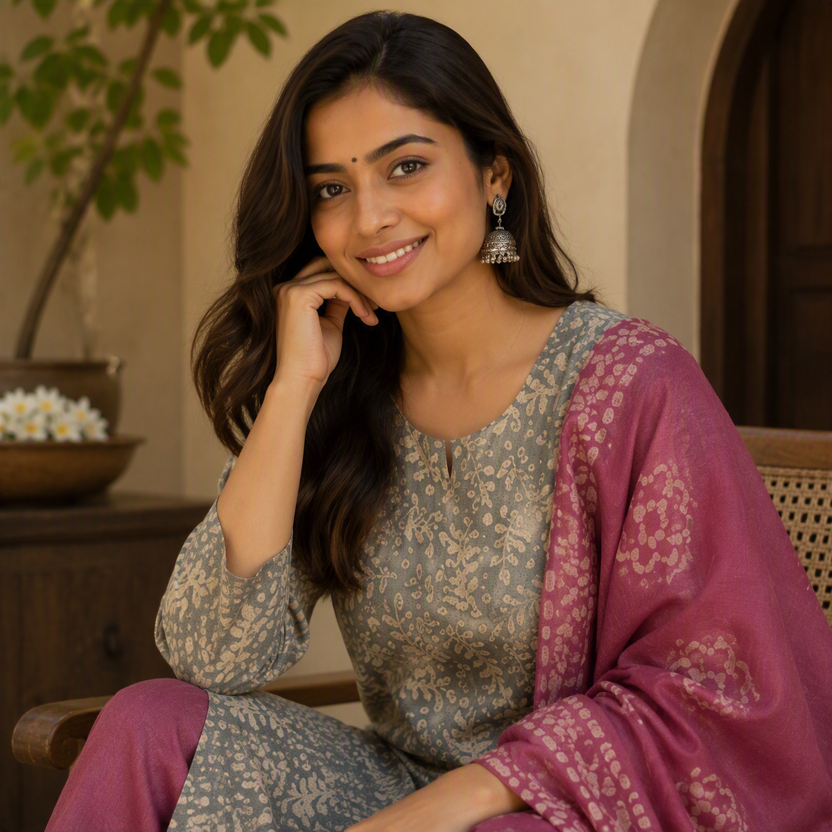 Revanta-Kurt Grey Batik Printed Cotton 3-Piece Suit with Embroidery & Sequin Work on Yoke