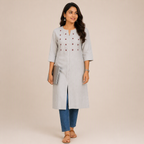 Revanta Light Grey Straight Cotton Kurta with red embroidery on Yoke & Stylish Front Slit