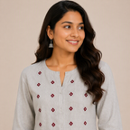 Revanta Light Grey Straight Cotton Kurta with red embroidery on Yoke & Stylish Front Slit