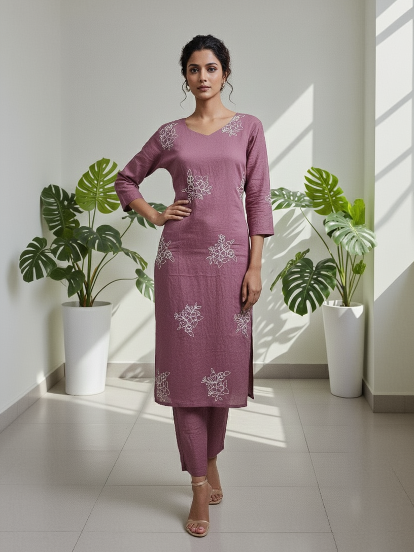 Dusty Rose & Taupe Crushed Nylon Co-ord Set for Women – Embroidered Straight Kurta and Pant for Ethnic Casual Wear