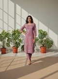 Dusty Rose & Taupe Crushed Nylon Co-ord Set for Women – Embroidered Straight Kurta and Pant for Ethnic Casual Wear