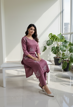 Dusty Rose & Taupe Crushed Nylon Co-ord Set for Women – Embroidered Straight Kurta and Pant for Ethnic Casual Wear