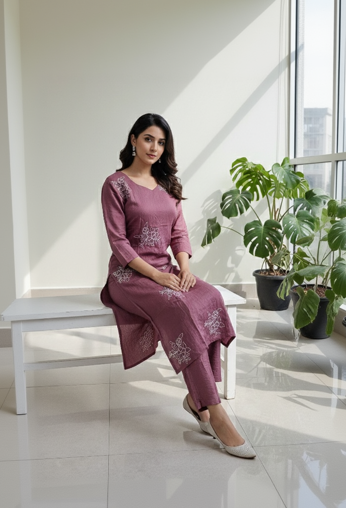 Dusty Rose & Taupe Crushed Nylon Co-ord Set for Women – Embroidered Straight Kurta and Pant for Ethnic Casual Wear