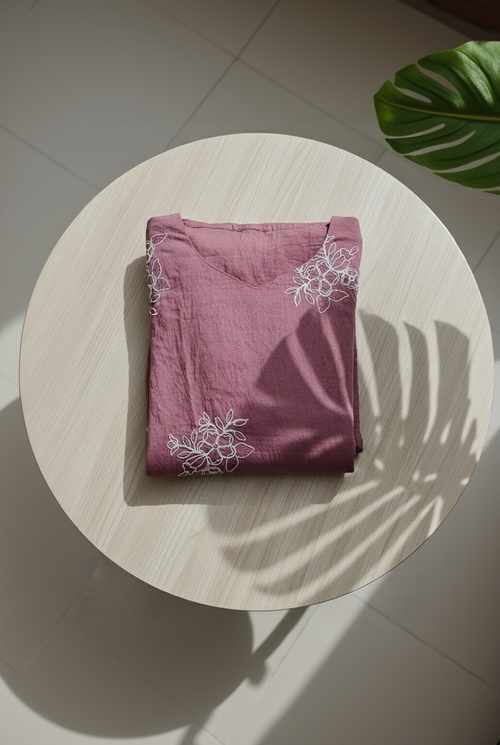 Dusty Rose & Taupe Crushed Nylon Co-ord Set for Women – Embroidered Straight Kurta and Pant for Ethnic Casual Wear