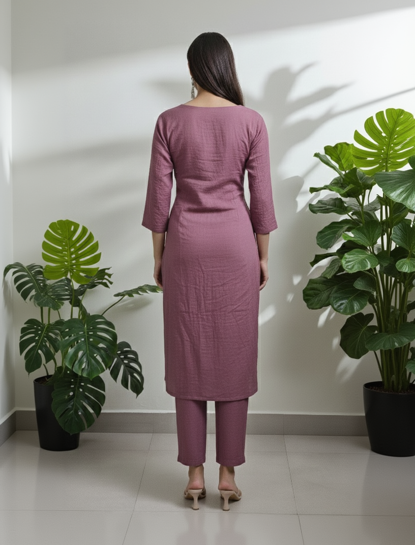 Dusty Rose & Taupe Crushed Nylon Co-ord Set for Women – Embroidered Straight Kurta and Pant for Ethnic Casual Wear