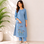 Women's A-Line Kurta Set with Inner Lining – Crushed Nylon Beadwork in Grape Purple & Light Blue