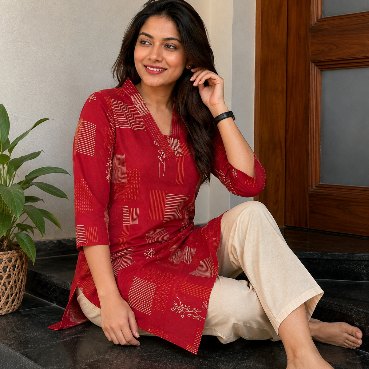 Revanta Ratip Red Cotton Geometric & Leaf Print Straight Kurta
