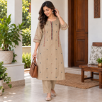 Anvita Beige Printed Cotton Kurta for Women | 3/4 Sleeve Ethnic Kurti
