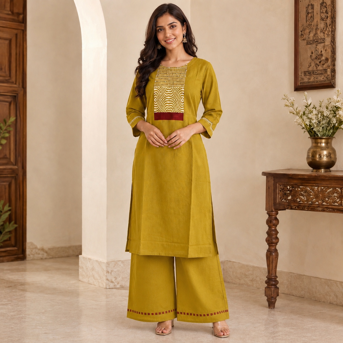 Anvita Mustard Yellow Cotton Kurta and Palazzo Set with Yoke Detail