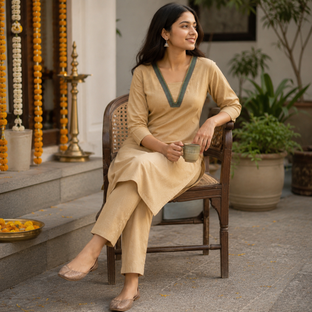 Revanta Sandal Handloom Cotton Kurta – Jacquard Patti Neck Detail & Inner Lining– Elegant Ethnic Wear