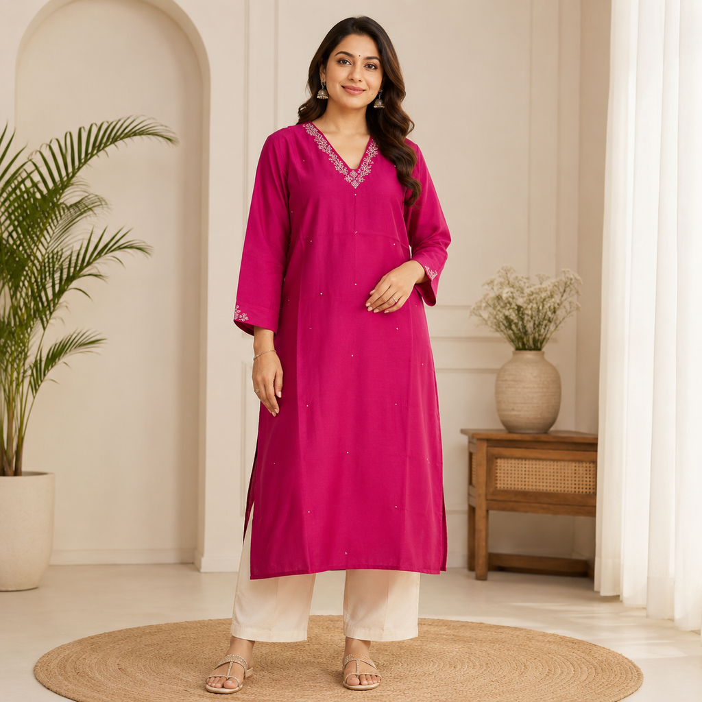 Anvita  ( Celebrations) Magenta Cotton Silk Kurti with Embroidery & Sequin Detailing
