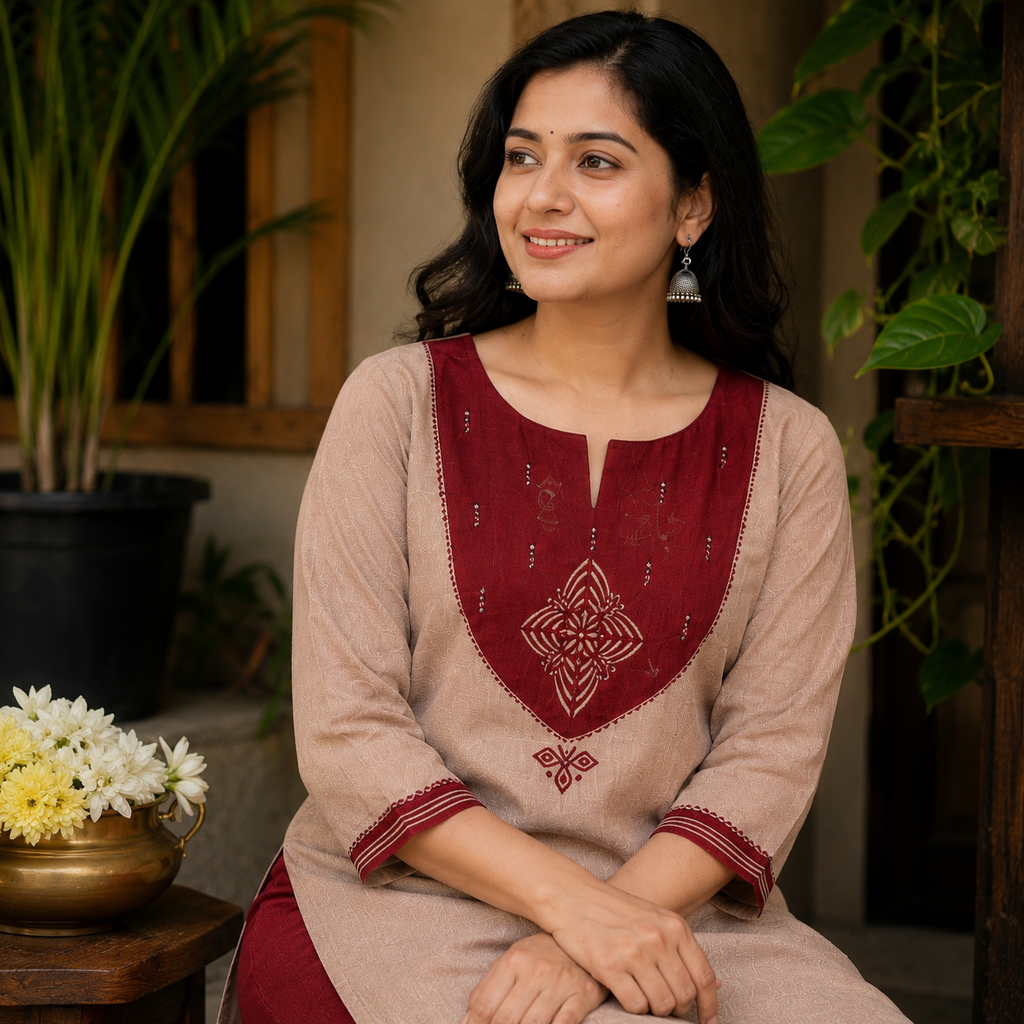 Anvita Beige Straight Cotton Kurta with Maroon Yoke Design & Glass Work