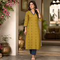 Anvita Olive Mustard Cotton Printed V-Neck Kurta