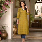 Anvita Olive Mustard Cotton Printed V-Neck Kurta