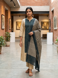 Revanta Beige & Blue-Green Contrast Kurta Pant Set with Printed Dupatta
