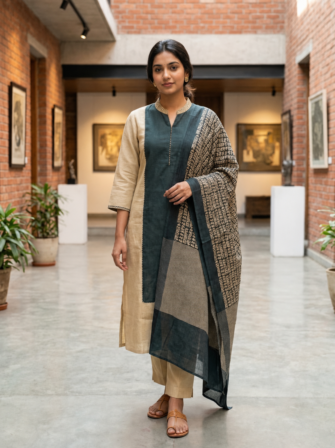 Revanta Beige & Blue-Green Contrast Kurta Pant Set with Printed Dupatta
