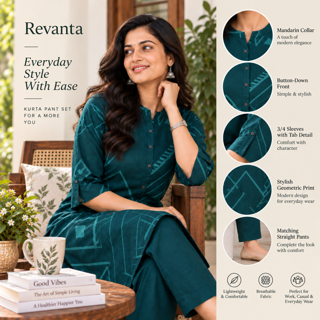Revanta Teal Green Printed Kurta Pant Set | Kurta with 3/4 Sleeves