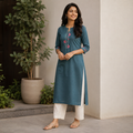 Anvita Greyish Blue Chinese Collar Straight Cotton Kurta with Embroidery on Yoke & Sleeves