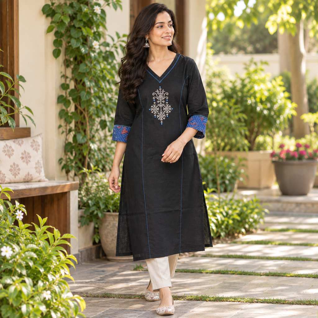 Anvita Black Cotton Kurta with Blue Printed Sleeves & Embroidered Yoke