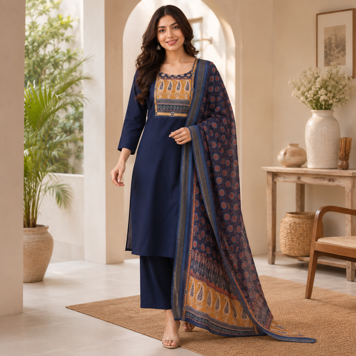 Revanta Navy Blue Roman Silk Kurta Pant Set with Printed Yoke & Coordinated Dupatta
