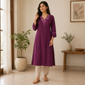 Anvita Plum Embroidered Straight Cotton V Neck Kurta