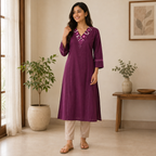Anvita Plum Embroidered Straight Cotton V Neck Kurta