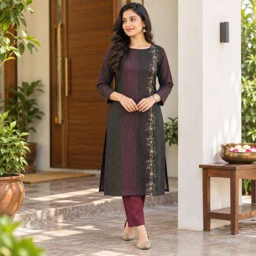 Anvita Black & Maroon Striped Embroidered Cotton Kurta | Floral Embroidery Kurti