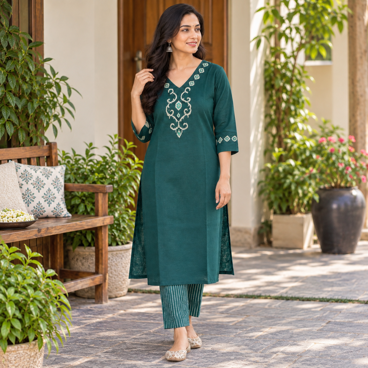 Anvita Forest Green Embroidered Cotton Kurta with Striped Pants | Ethnic Wear Set