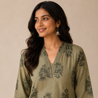 Revanta Light Olive Green Cotton Kurti -VNeck & traditional Motiffs