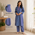 Anvita Blue & Pink Geometric Print Kurta Pant Set-Handloom Cotton