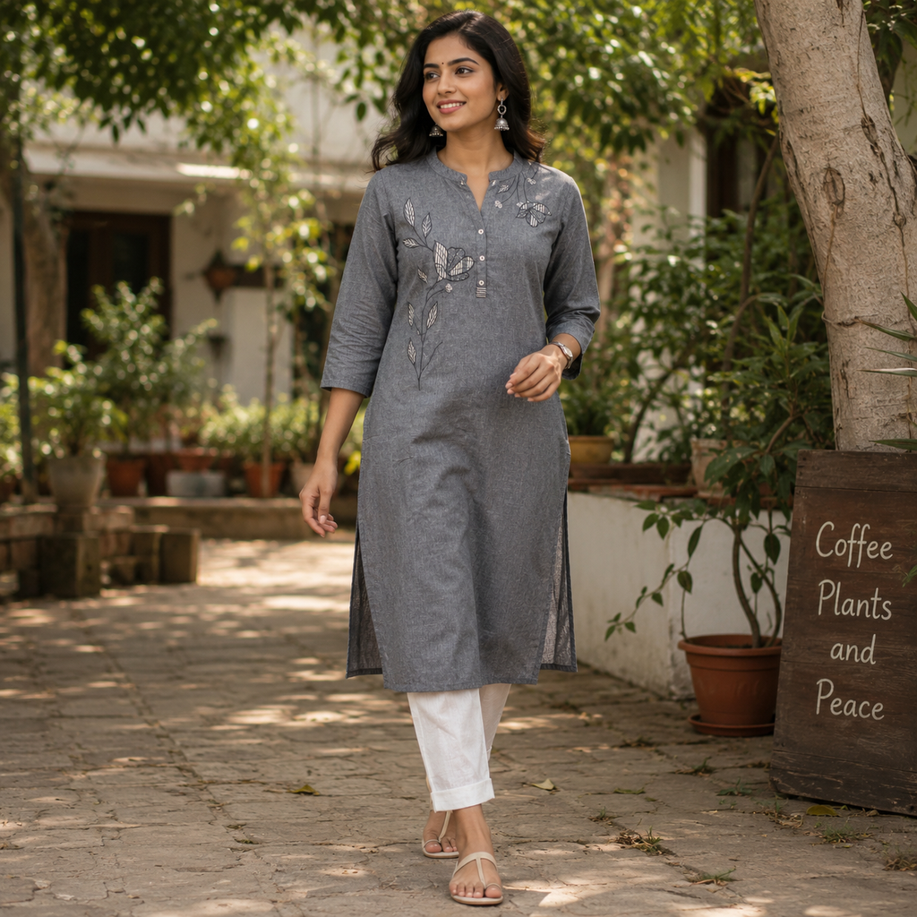 Anvita Grey Cotton A-Line Kurta featuring Chinese Collar & Elegant Embroidery