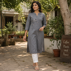 Anvita Grey Cotton A-Line Kurta featuring Chinese Collar & Elegant Embroidery