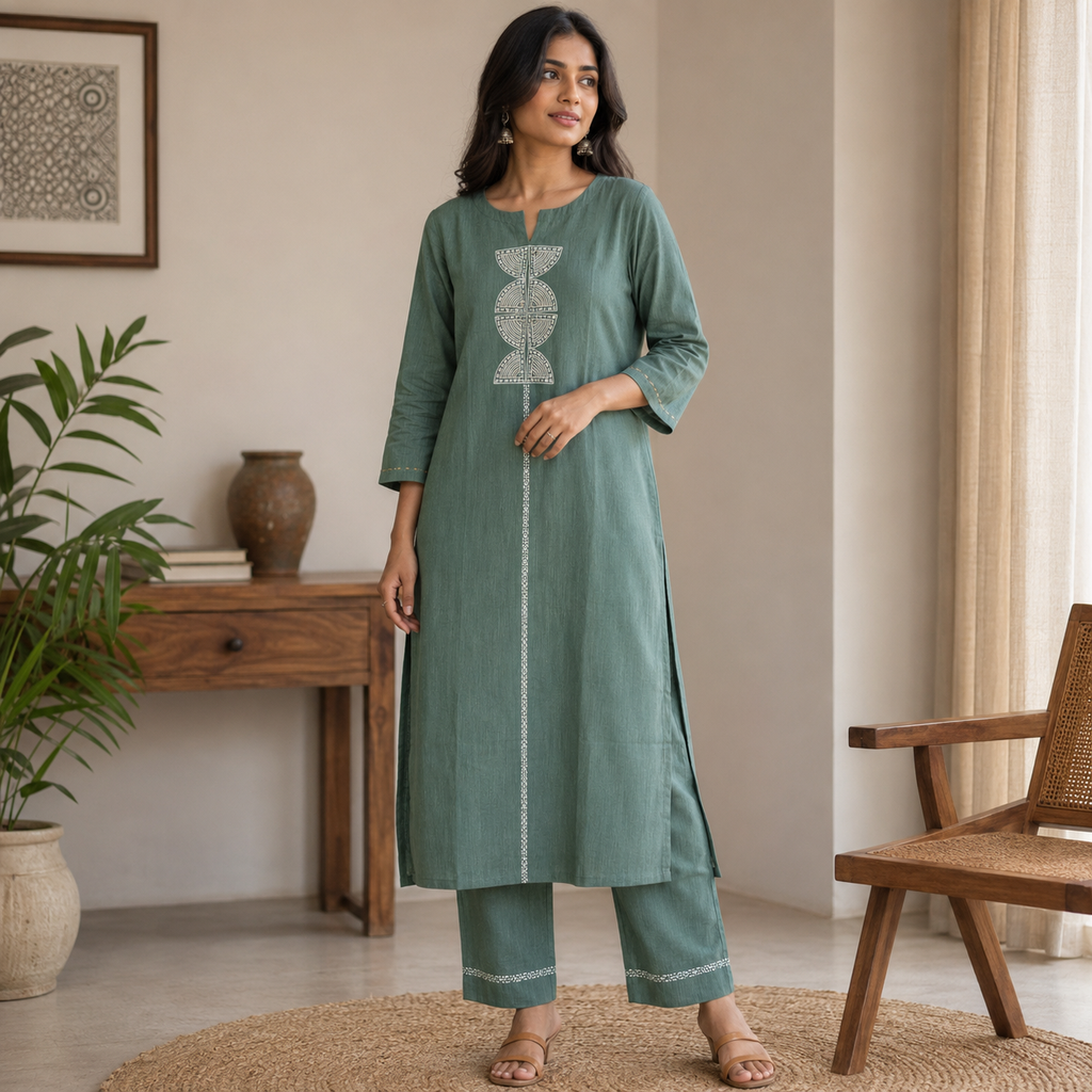 Anvita Sage Green Cotton Kurta Pant Set with Geometric Embroidery & Sequin Detailed Yoke