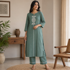 Anvita Sage Green Cotton Kurta Pant Set with Geometric Embroidery & Sequin Detailed Yoke