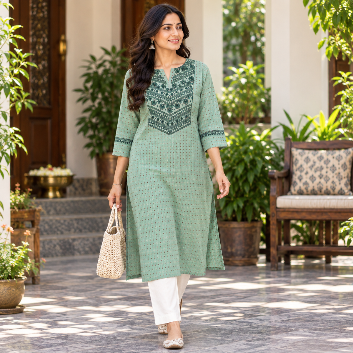 Anvita Pista Green Printed Cotton Kurti with V-Neck & Floral Print